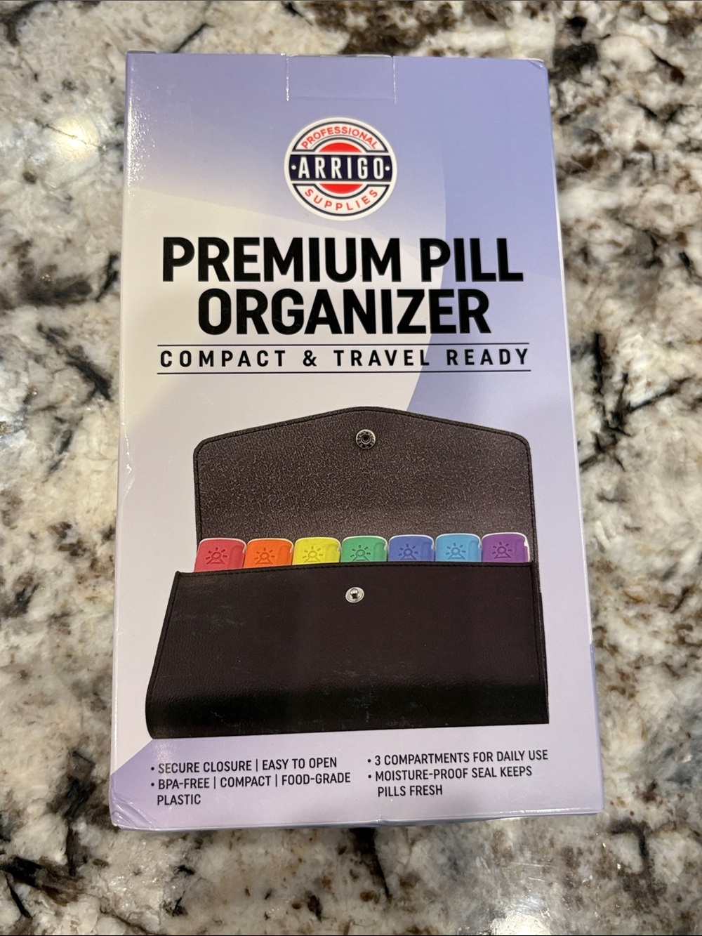 Arrigo Premium Pill Organizer - Black with Rainbow Tabs